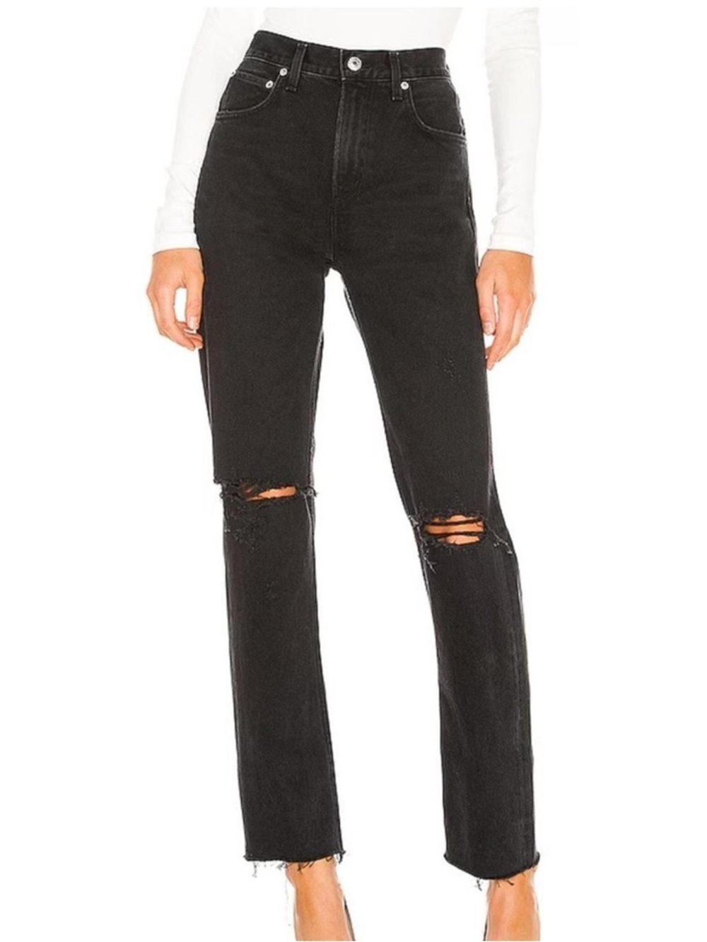 AGOLDE Cherie High Rise Straight Jeans Black Distressed Raw Hem Size 23